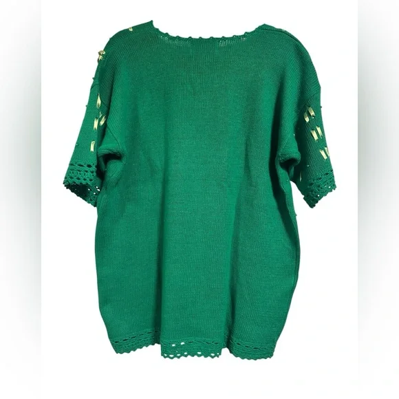 Cervelle Green Crochet Trim Whimsical Knit Sweater Ribbon Embroidered Floral L - Picture 2 of 15